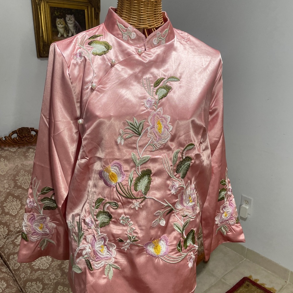 Pink Floral Embroidered Satin Top